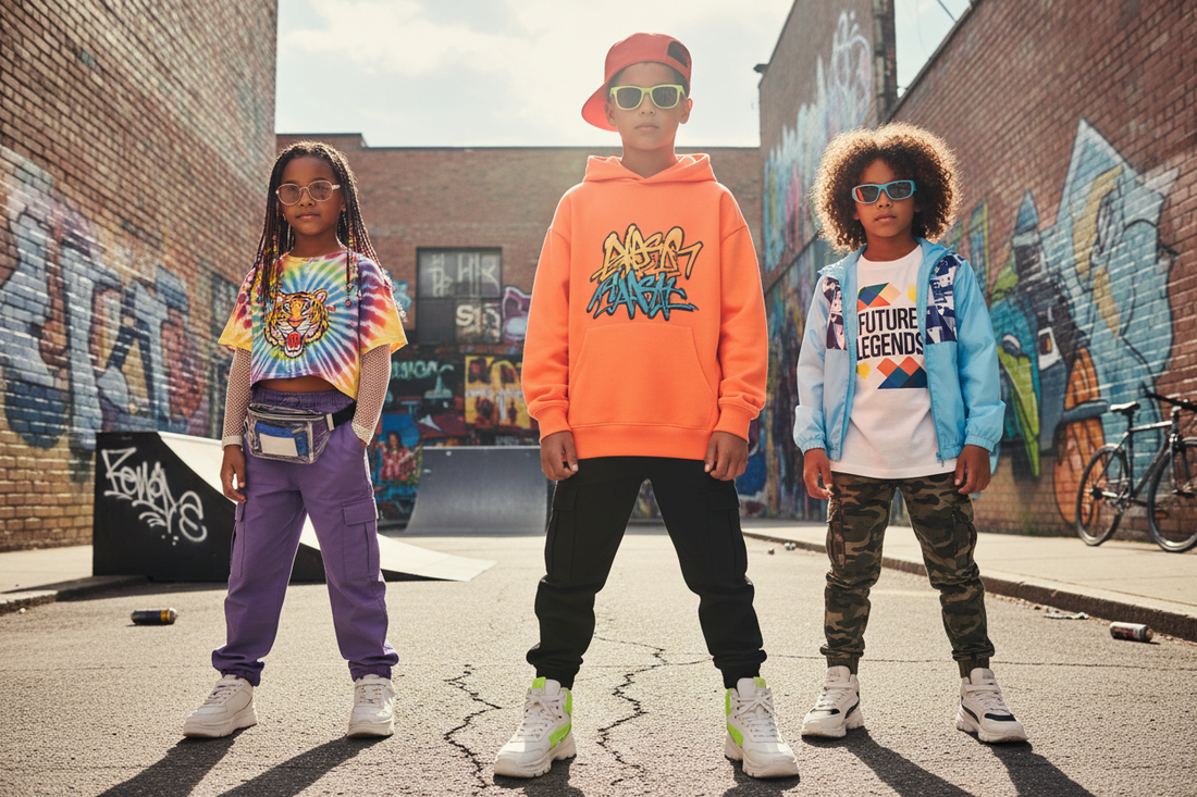 A young children wearing a trendy oversized graphic t-shirt, hoddies and wide-leg joggers, demonstrating the 2026 kids streetwear aesthetic.